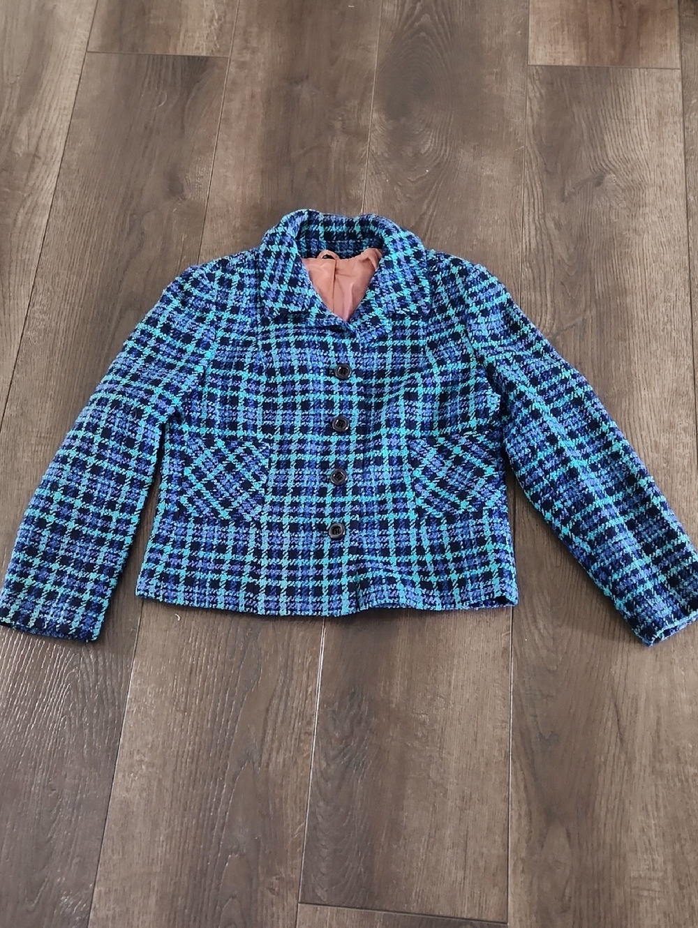 Blue Plaid Tweed Jacket - Women's Cropped Button Jacket Bazer Career Business
